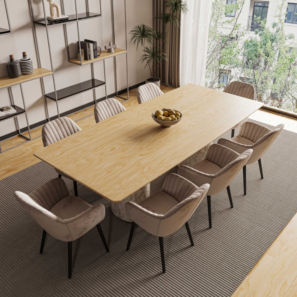 Contemporary dining room in London with a minimalist design featuring a large table and light tones.