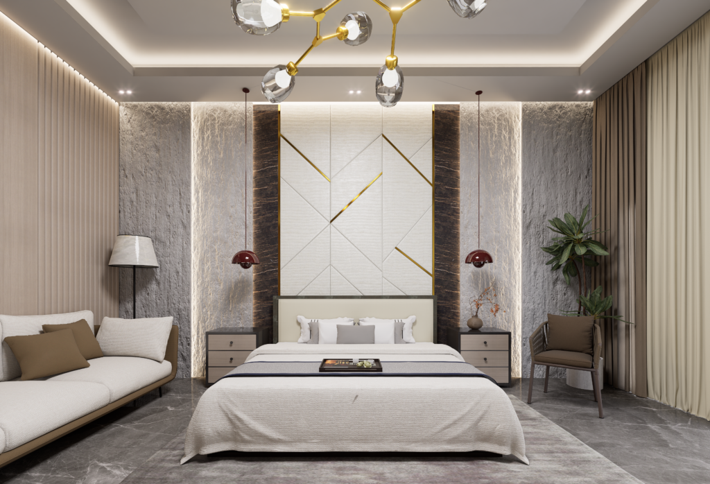 Stylish and elegant modern bedroom interior with contemporary design elements.